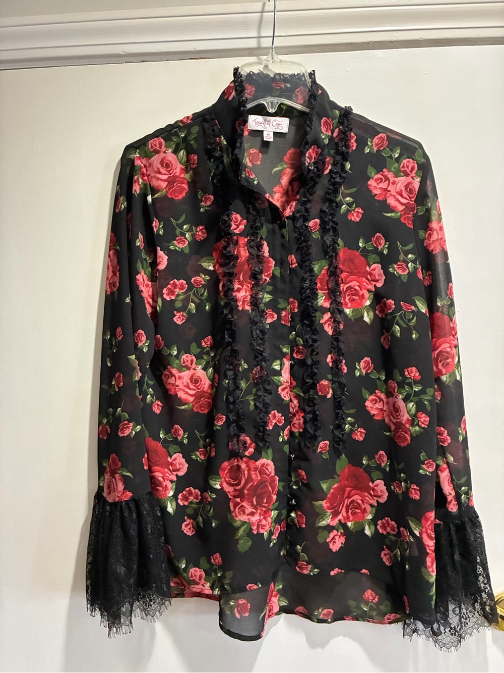 Vintage-Inspired Black Rose Print Ruffle Blouse